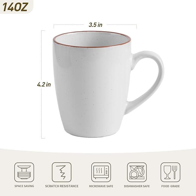 famiware Venus Coffee Mugs for 6, 14 oz Mug Set, Dringking Cup with Handle for Coffee, Tea, Cocoa, Milk, White