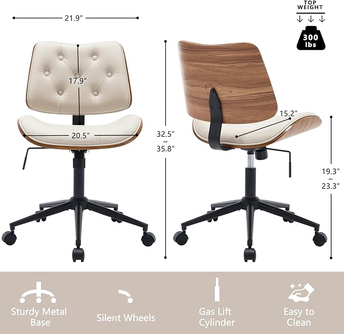 Armless Home Office Chair with Wheels, PU Leather Adjustable Height Computer Desk Chair, 360 Swivel Small No Arms Chair, Modern Button Walnut Style for Office, Reading Meeting Room(Beige)