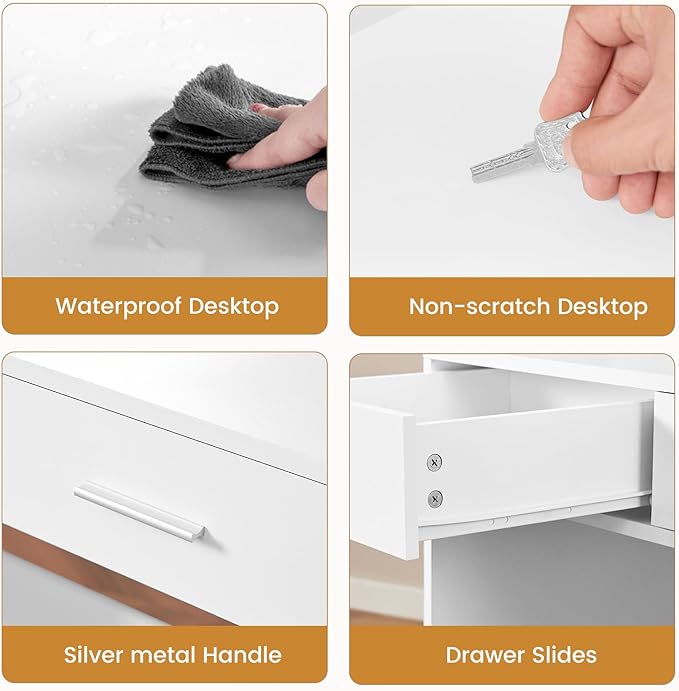 Quimoo Vanity Desk with Large Lighted Mirror and Power Outlet, 46" Makeup Vanity with 9 Drawers and Glass Desktop, Vanity Table with 12 LED Lights, 3 Lighting Color Adjustable, White