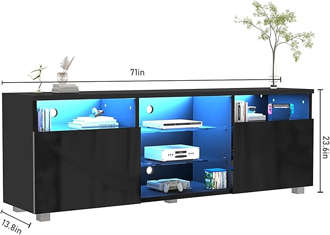 St.Mandyu LED TV Stand for 75/80 inch TV, Modern Television Table Center Media Console with Drawer and Led Lights, High Glossy Entertainment Center for Living Game Room Bedroom(Black)