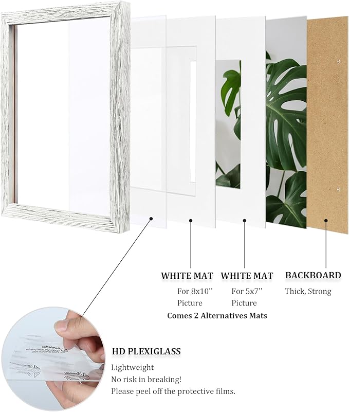 Egofine 11x14 Picture Frames Made of Solid Wood with Plexiglass, Display Pictures 5x7/8x10 with Mat or 11x14 Without Mat for Tabletop and Wall Mounting, Driftwood White