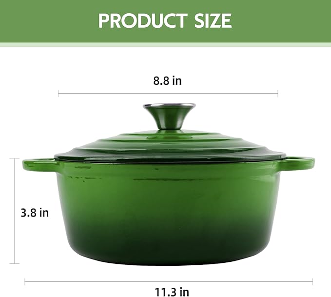 3 Quart Dutch Oven Enameled Cast Iron with Lid - Big Dual Handles - Oven Safe up to 500°F - Classic Round Pot for Versatile Cooking Green