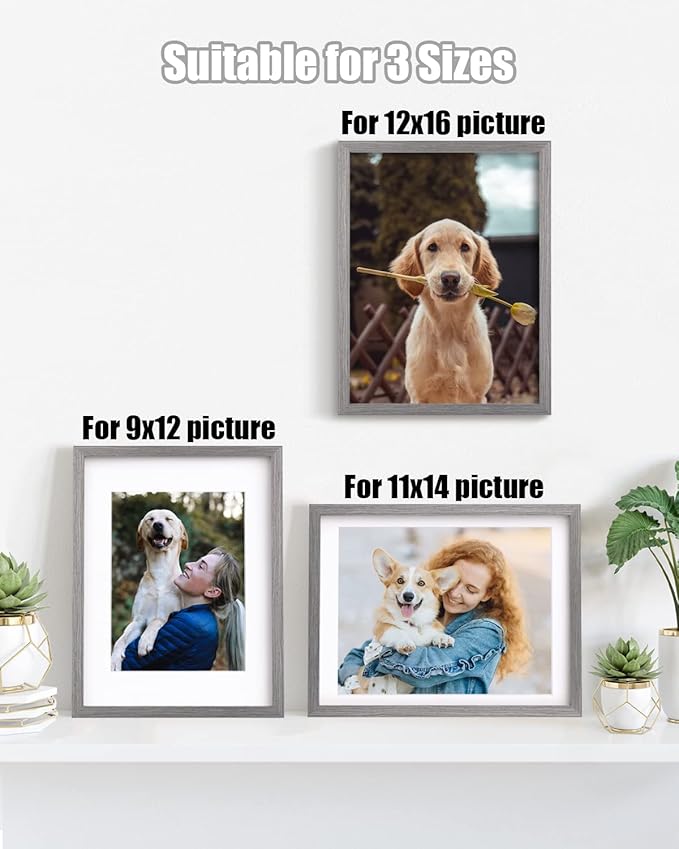 Egofine 12x16 Picture Frame Made of Solid Wood with Plexiglass, Display Pictures 9x12/11x14 with Mat or 12x16 Without Mat for Wall Mounting, Oak Grey