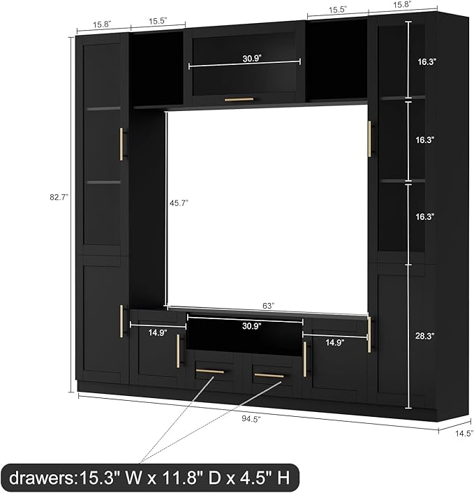 94" Wall Unit Entertainment Center for TVs up to 70", Modern TV Console with LED Lights, Multifunctional TV Stand with Tempered Glass Door, Drawers & Shelves for Living Room, Black