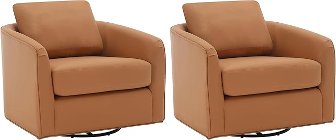 MINCETA Accent Chairs,Oversized 360 Swivel Armchair(Seat Area:25.6" D x 26.8" W),Modern Comfy Reading Chairs for Living Room with Metal Base,Set of 2,PU Leather in Brown