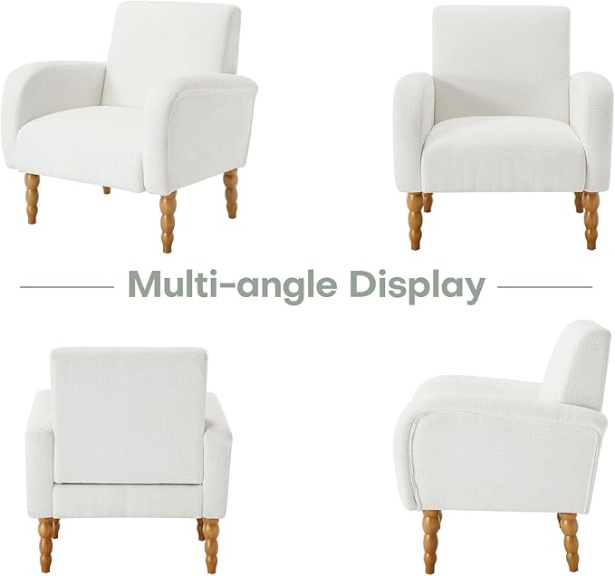 Accent Armchair Set of 1, Mid-Century Modern Living Room Chairs with Gourd-Like Shape Wooden Legs, Chenille Upholstered Single Sofa Reading Chair for Living Room Bedroom Guest Room,White