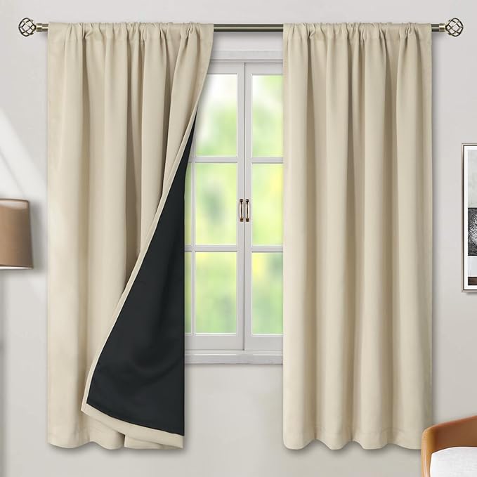 BGment Beige Full Blackout Curtains with Thermal Insulation Liner Curtains 72 Inches Long，Rod Pocket and Back Tab Double Layer Room Darkening Window Curtain for Bedroom(42 x 72 Inch, 2 Panels, Beige)