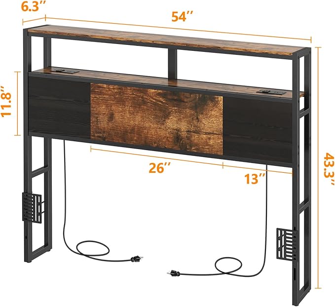 Full Size Headboard, Headboards with Charging Station, USB Port and LED Light, Head Board with 2-Tier Storage Shelf, Adjustable Height, Easy Assembly, Sturdy and Stable, Rustic Brown