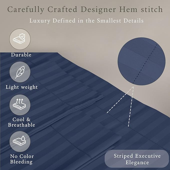 Threadmill 500 Thread Count Queen Size Damask Stripe, 4 Pc Luxury Cotton Sheet Set, Silky Smooth Folkstone Blue Sheets with 16" Elasticized Deep Pocket, 2 Pillowcases & Free Tote Bag