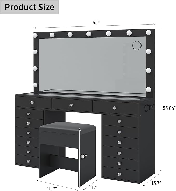 55" W Vanity Desk, Makeup Vanity with Charging Station, 15 Drawers with Lighted Mirror, 3 Lighting Modes, Brightness Adjustable, Glass Top, Vanity Table with Chair for Bedroom, Black