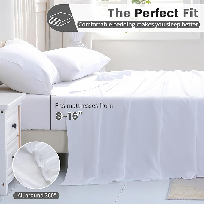 Bedlifes 1000 Thread Count 100% Egyptian Cotton Queen Size Sheets Set - Sateen Soft Silky Breathable Luxury Cooling 4 Pieces (White)