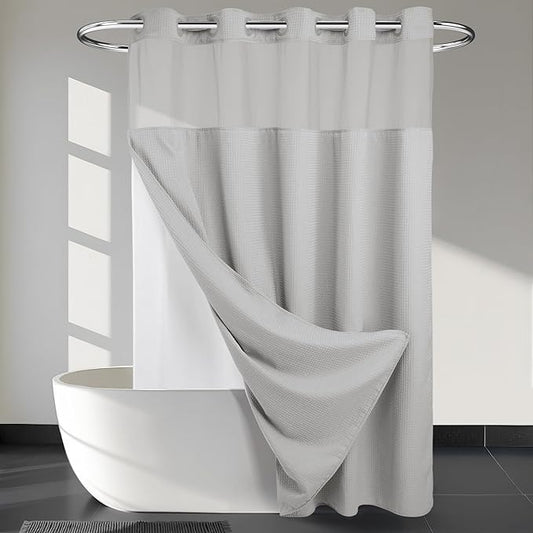 River Dream No Hooks Required Dotted Light Grey Shower Curtain with Snap in Liner - 71" W x 74" H,Hotel Grade,Spa Like Bath Curtain