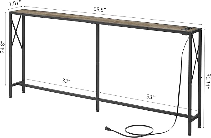 70" Sofa Tables Narrow Long, Behind Couch Table with Oulets & USB Ports, Industrial Long Skinny Stand for Entryway,Hallway, Living Room, Bedroom 7.9" D x 70" W x 24.8" H
