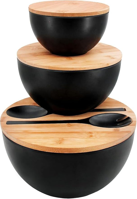 Salad Bowls Set of 3 with Lid & Serving Utensils, Bamboo Fiber Mixing Bowls Set Large Serving Bowls & Storage Set with Bamboo Lid for Salad, Kitchen Eating, Pasta, Popcorn, Chips, Fruit, Black