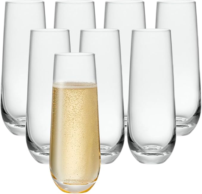 GLING [9.4 oz. - Set of 8 Stemless Champagne Glasses, Flute Crystal Glass Cups, Cocktail Glass Set - Great for Parties, Weddings and All Occasions