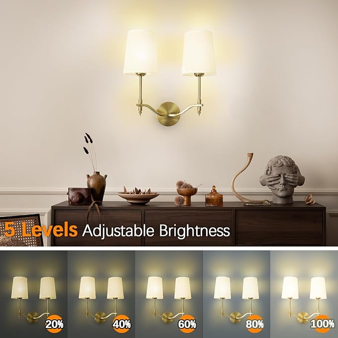 Wall Lights Battery Operated Wall Sconces 2-Light, Gold Rechargeable Wall Sconce with 15 RGB Dimmable Detachable Bulbs and Remote, Wireless Battery Powered Wall Lamp for Living Room Bedroom