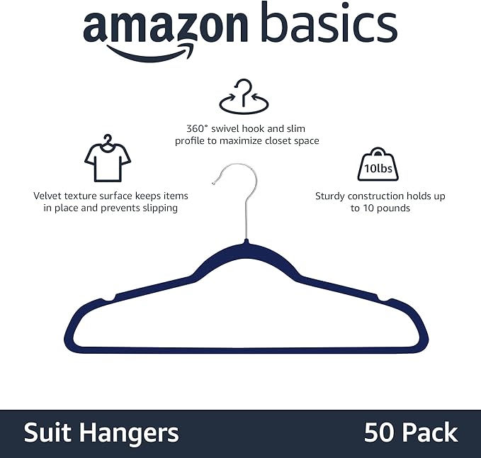 Amazon Basics Slim, Velvet, Non-Slip Suit Clothes Hangers, Navy Blue/Silver - Pack of 50