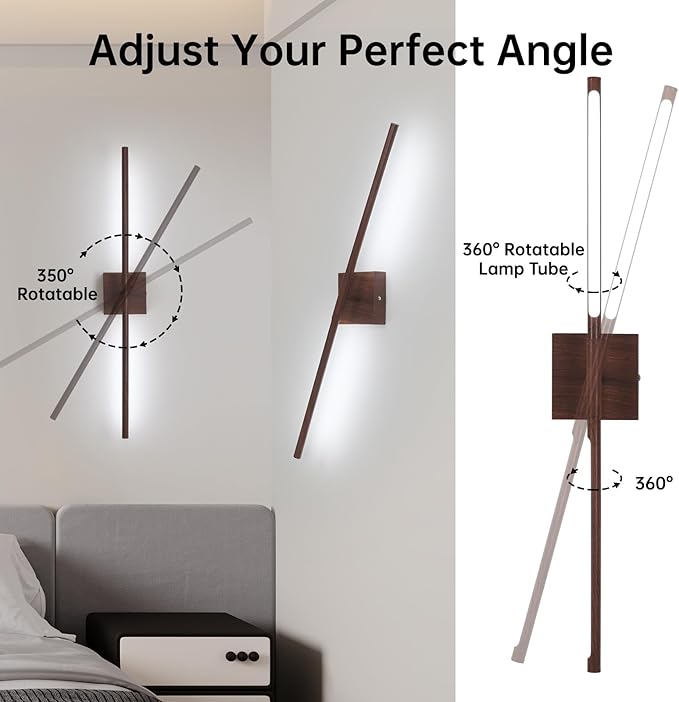 Battery Operated Wall Sconce Set of 2, 10400mAh Rechargeable Wall Sconces, 3000K-6000K Dimmable, 350°Rotate, Indoor Wall Lights for Bedroom Living Room Bathroom, Black Walnut, 31.5 Inch