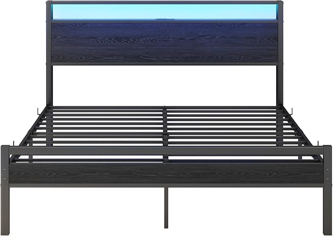 Queen Bed Frame With Storage Headboard/LED Lights, Metal Platform With Charging Station, No Box Spring Needed, Heavy Duty Slats, No Noise, Black