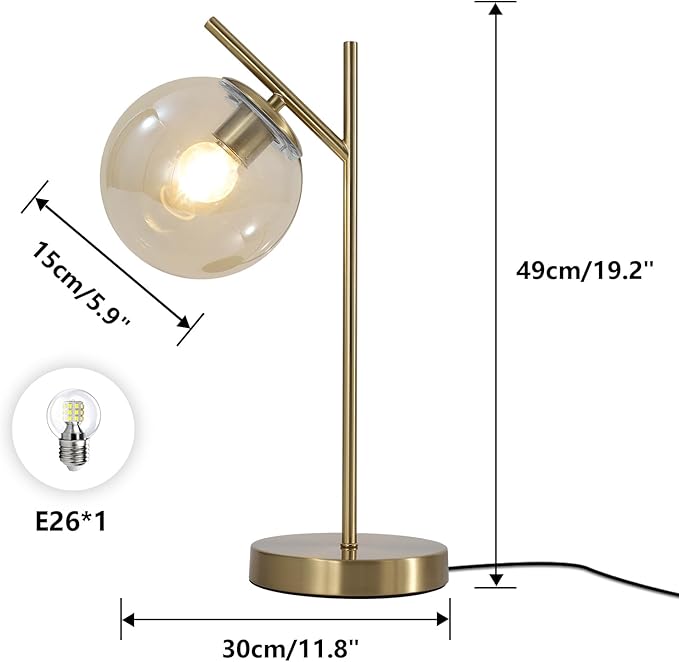 Mid Century Modern Table Lamp Gold Globe Nightstand Lamp with Cognacs Glass lampshade Metal Brass Desk Lamp for Bedroom Living Room Study Room