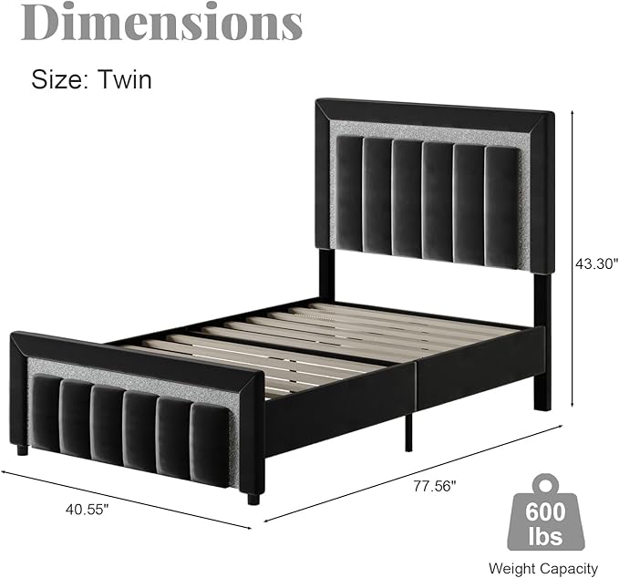 HOMBCK Twin Bed Frame with Headboard and Footboard, Upholstered Bed with Diamond Velvet Design, Kids Bed Frame with Wooden Slats Support, No Box Spring Needed, Easy Assembly, Black