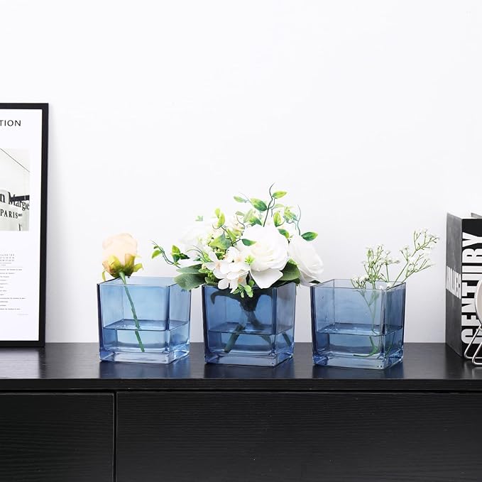 Square Blue Glass Vases Set of 6, 5" x 5" x 5" Flower Vases for Centerpieces, Square Vase for Centerpieces, Small Vase for Wedding, Party, Home Office Decoration