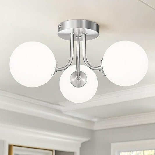 3-Globe Brushed Nickel Semi Flush Mount Ceiling Light in a Modern Farmhouse Design is Ideal for Living Rooms, Bedrooms, or Dining Rooms. Model:CKCL4845-3W-BN