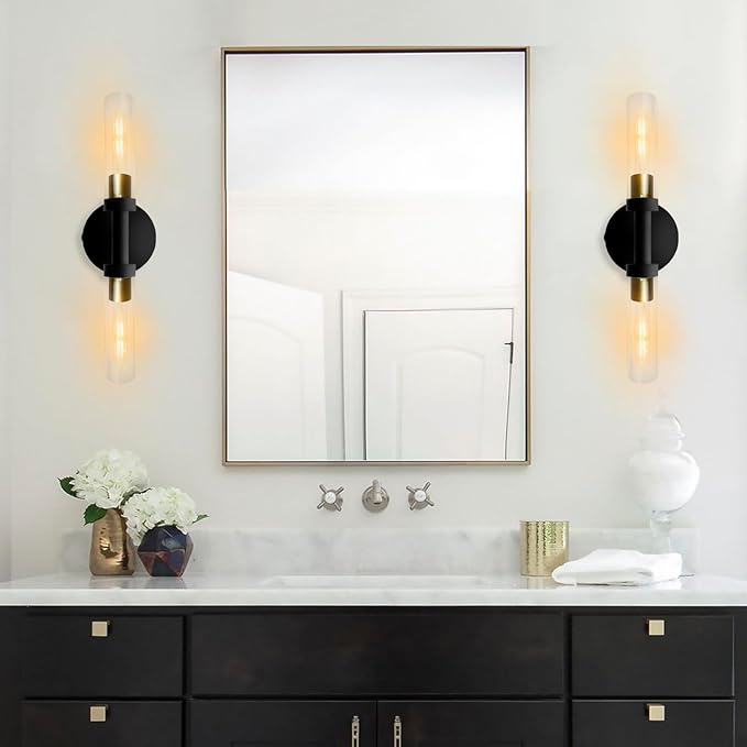 Rechargeable Battery Operated Wall Sconce Set of 2, Dimmable Wall Light with Touch Control, Wireless Bathroom Vanity Lights Over Mirror, Modern Wall Lamp for Living Room Hallway, Black Gold