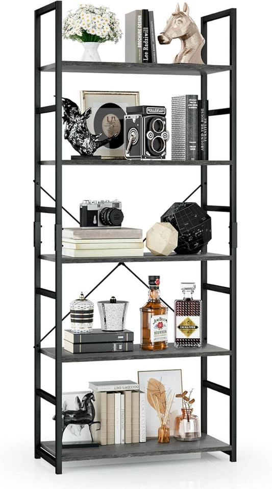 OTK 5 Tier Bookshelf, Tall Bookcase, Office Shelf Storage Organizer, Modern Book Shelf for Living Room, Bedroom, and Home Office, Dark Grey