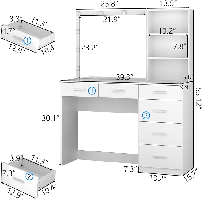 39 Inches White Vanity Desk with Lights, 6-Drawers Makeup Vanity Table with Power Strip and Storage Shelves, Dressing Table with Lighted Mirror for Women Girls
