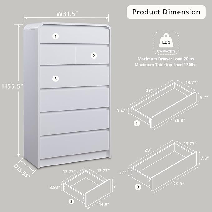 Modern 7 Drawers Dresser for Bedroom, 55" Tall Dressers & Chest of Drawers w/Curved Profile Design, Wood Mid Century Vertical Storage Dressers Organizer for Bedroom, Living Room, White