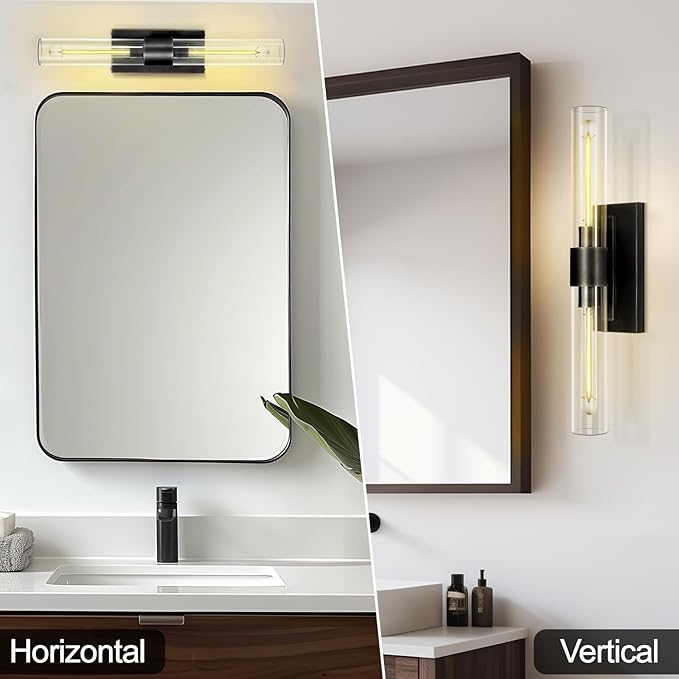 Bathroom Black Vanity Vertical Linear Light - 2-Light Tube Wall Sconces, 24" Vertical Vanity Wall Lighting, E26 Bulb Included