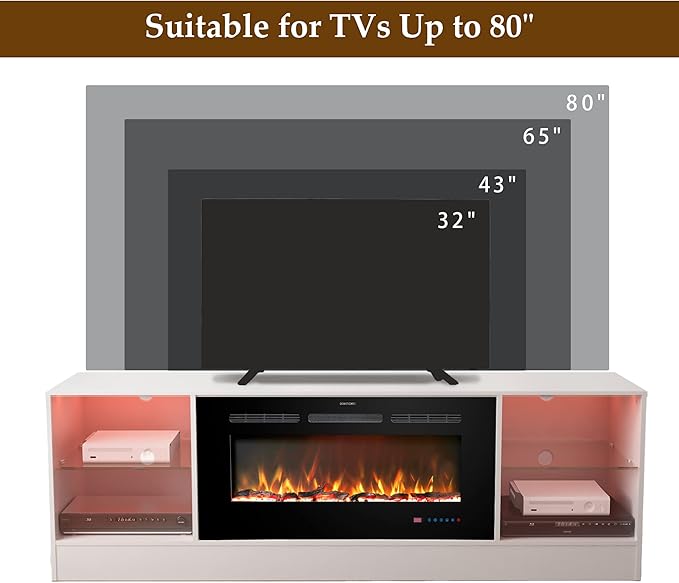 Fireplace 72" TV Stand, Entertainment Center with 36" Electric Fireplace, LED Light Wood Storage Cabinet Table, Media Console for TVs Up to 80", Thermostat, 13 Flame Colors, White