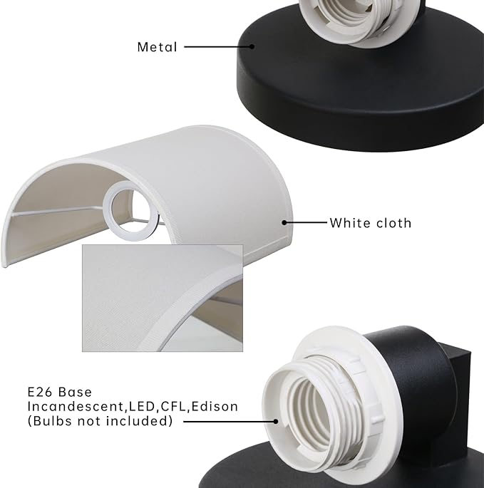 Wall Sconce Lighting White Fabric Decor, Industrial Vintage Night Light Wall Lamp Fixture with Cloth Lampshade for Bedroom Living Room Hallway Corridor