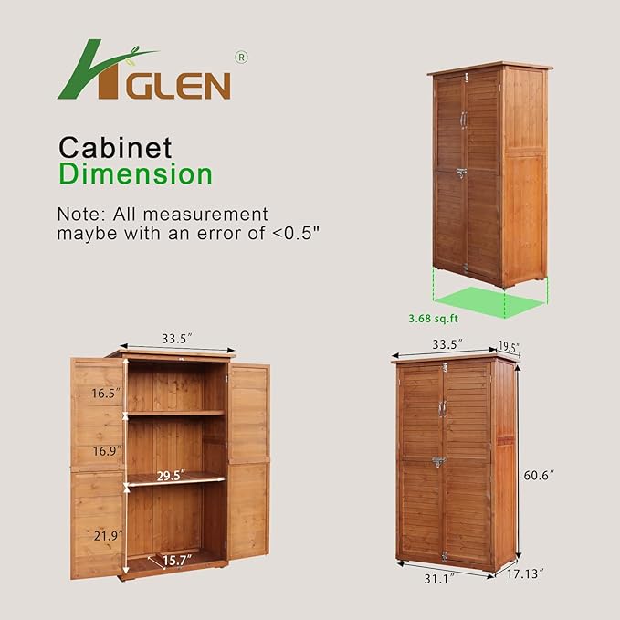 Outdoor Storage Cabinet, Wood Garden Shed, Pool Storage Shed with Lockable Door, Waterproof Roof and 2 Removable Shelves, Vertical Outside Storage Shed for Patio, Backyard and Lawn, Oak Brown