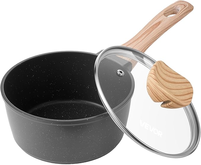 VEVOR 1.5 QT Saucepan, Nonstick Saucepan with Tempered Glass Lid, Multipurpose Cooking Sauce Pot with Detachable Handle, Sauce Pan Small Kitchen Cooking Pot with Coating, Induction Compatible, Black