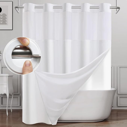 Long No Hook Shower Curtain with Snap in Liner, Polyester Textured Shower Curtain with Liner Set, Waterproof Washable Hotel Style Shower Curtains for Bathroom, 71Wx80H, White