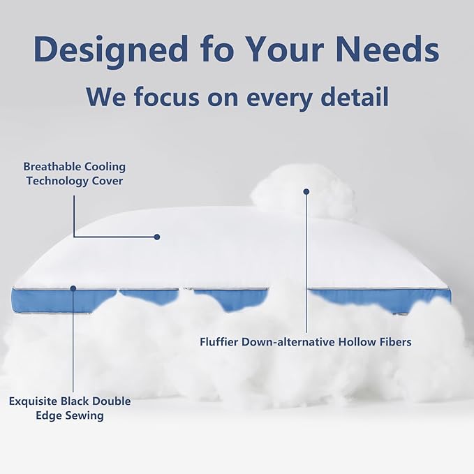 CozyLux Pillows Standard Size Set of 2, Soft Supportive 3D Down Alternative Bed Pillow for Sleeping 2 Pack Blue, Luxury Hotel Quality Gusseted Bedding Pillow for Back, Stomach or Side Sleepers 18x26