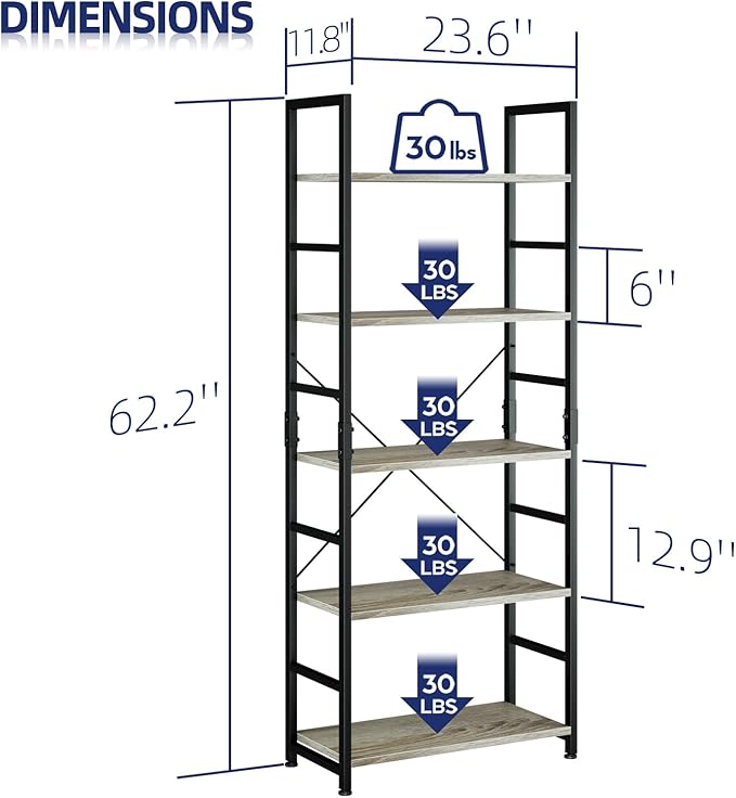 NUMENN 5 Tier Bookshelf, Tall Bookcase Shelf Storage Organizer, Modern Book Shelf for Bedroom, Living Room and Home Office, Grey