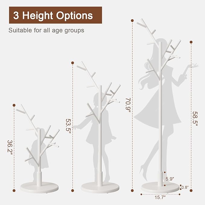 Coat Rack, Solid Wood Coat Rack Freestanding with 12 Hooks, Coat tree freestanding 3 Adjustable Heights for coat, Hats, Handbags，Coat Stand for Entryway,Bedroom (White)