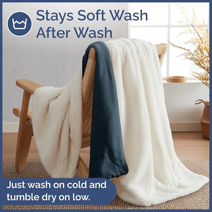 Sherpa Fleece Blanket Throw Size - Reversible Sherpa Fleece Throw Blanket - Super Soft Double Sided for Bed, Sofa, Couch - Thick, Warm, Fuzzy & Plush - Luxurious Bedding for Winter - Navy, 50" x 60"