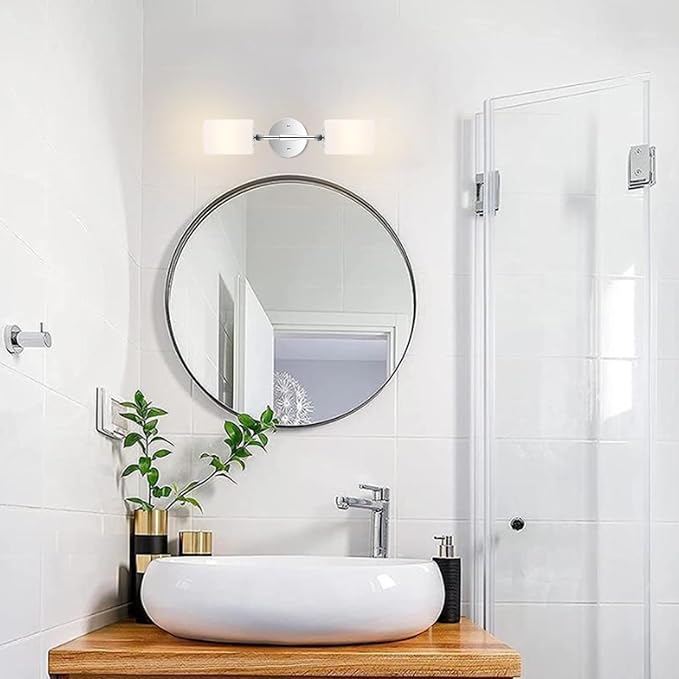 2-Lights Modern Wall Sconce White Cylinder Glass Shades Mid Century Bathroom Vanity Wall Light Fixtures Industrial Wall Lamp for Bedroom Mirror Living Room Restaurant(Chrome Color)