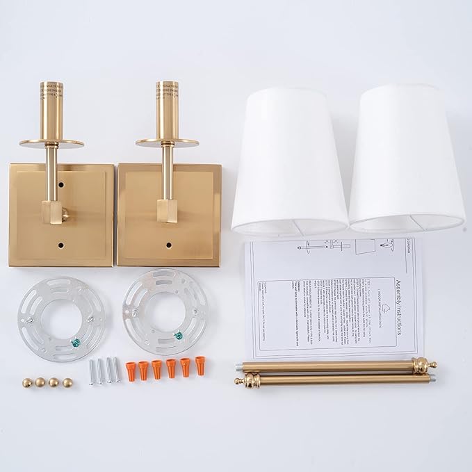 VILUXY Modern Wall Sconces Antique Brass Brush Paint Finish Bedside Wall Sconce Lighting Fixture with White Fabric Shade for Bedroom, Hallway, Entryway, Passway, Bathroom, Vanity 2 Pack