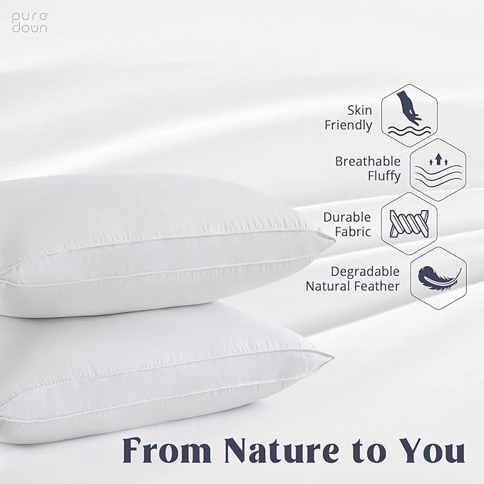 puredown® Goose Feather Down Pillows, Standard Size Soft Bed Pillows for Sleeping with 100% Cotton Shell Set of 2
