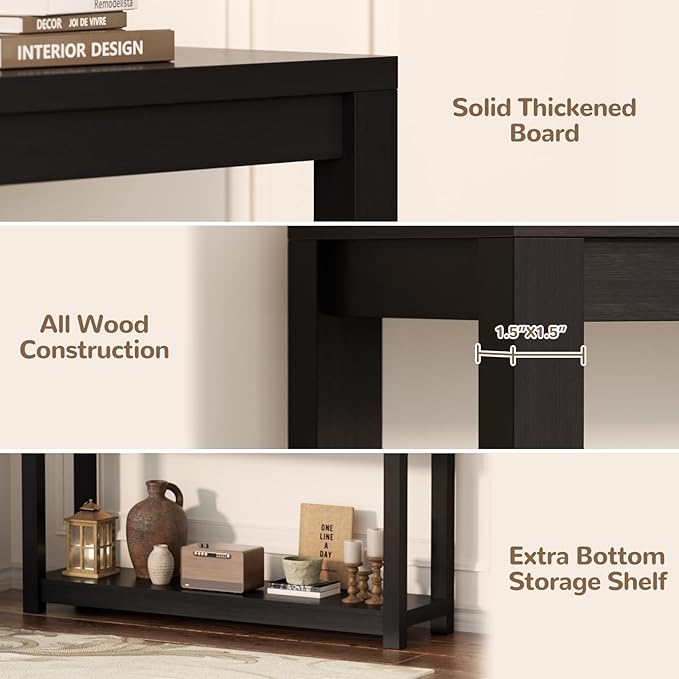 47" Farmhouse Wood Entryway Table Narrow Console Table with Storage Behind Couch Sofa Table with Shelves for Entry Way with Open Storage, Easy Assembly, Embossed Wood Grain Black