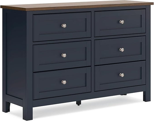 Signature Design by Ashley Landocken Shaker 6-Drawer Dresser with Metal Knobs, Light Brown & Blue