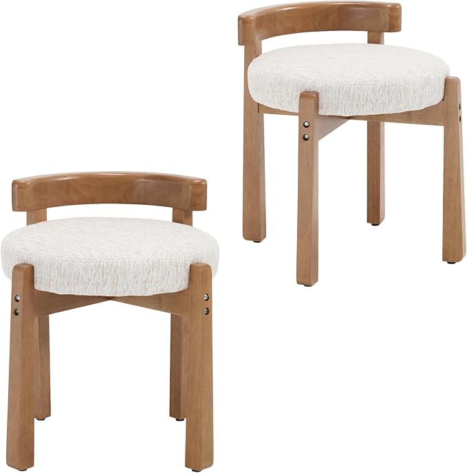 DUOMAY Modern Chenille Vanity Stools Set of 2, Upholstered Low Back Ottomans with Solid Wood Legs Cute Round Footrest Makeup Stools Dressing Seat for Living Room Bedroom, Beige