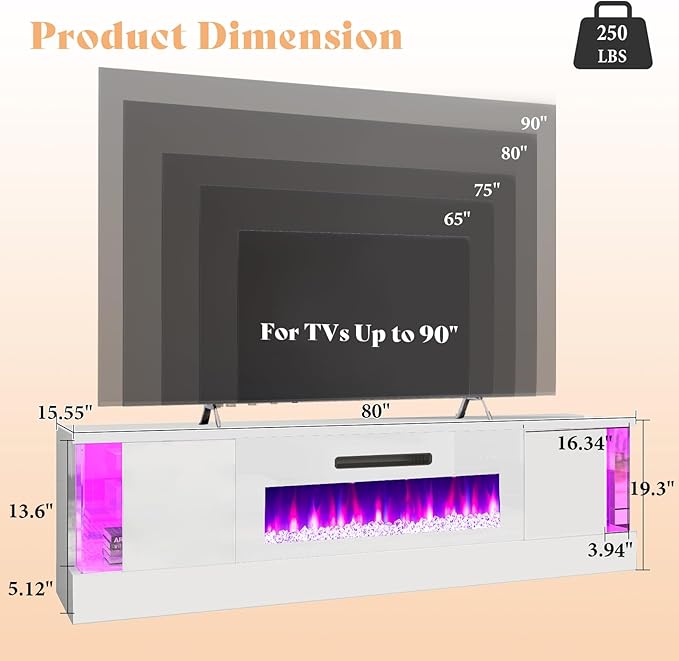 AMERLIFE High Gloss Fireplace TV Stand with 40" Fireplace, 80" LED Lights Entertainment Center with Flip Doors & Corner Glass Decor, Modern TV Console Table for TVs up to 90", Living Room, White&White