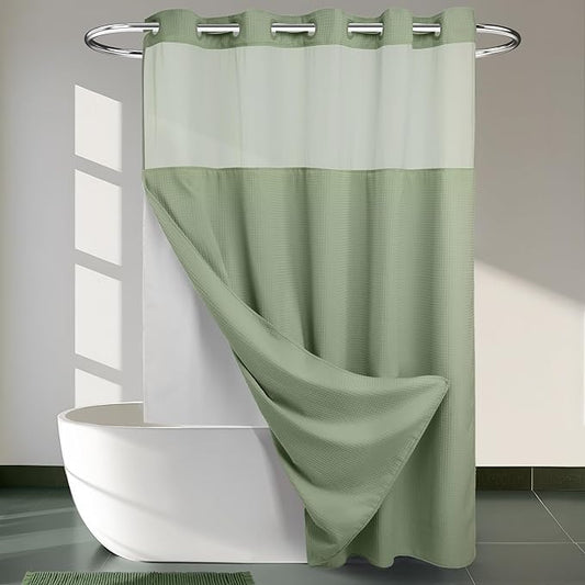 River Dream Sage Green Heavyweight No Hooks Required Shower Curtain with Snap in Liner - Dotted Waffle Weave,Hotel Grade,Spa Like Bath Curtain,71W x 74H