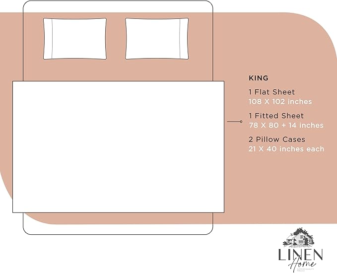 Linen Home 100% Cotton Percale Sheets King Size, Tera Clay, Deep Pocket, 4 Pieces Set - 1 Flat, 1 Deep Pocket Fitted Sheet and 2 Pillowcases, Crisp Cool and Strong Bed Linen